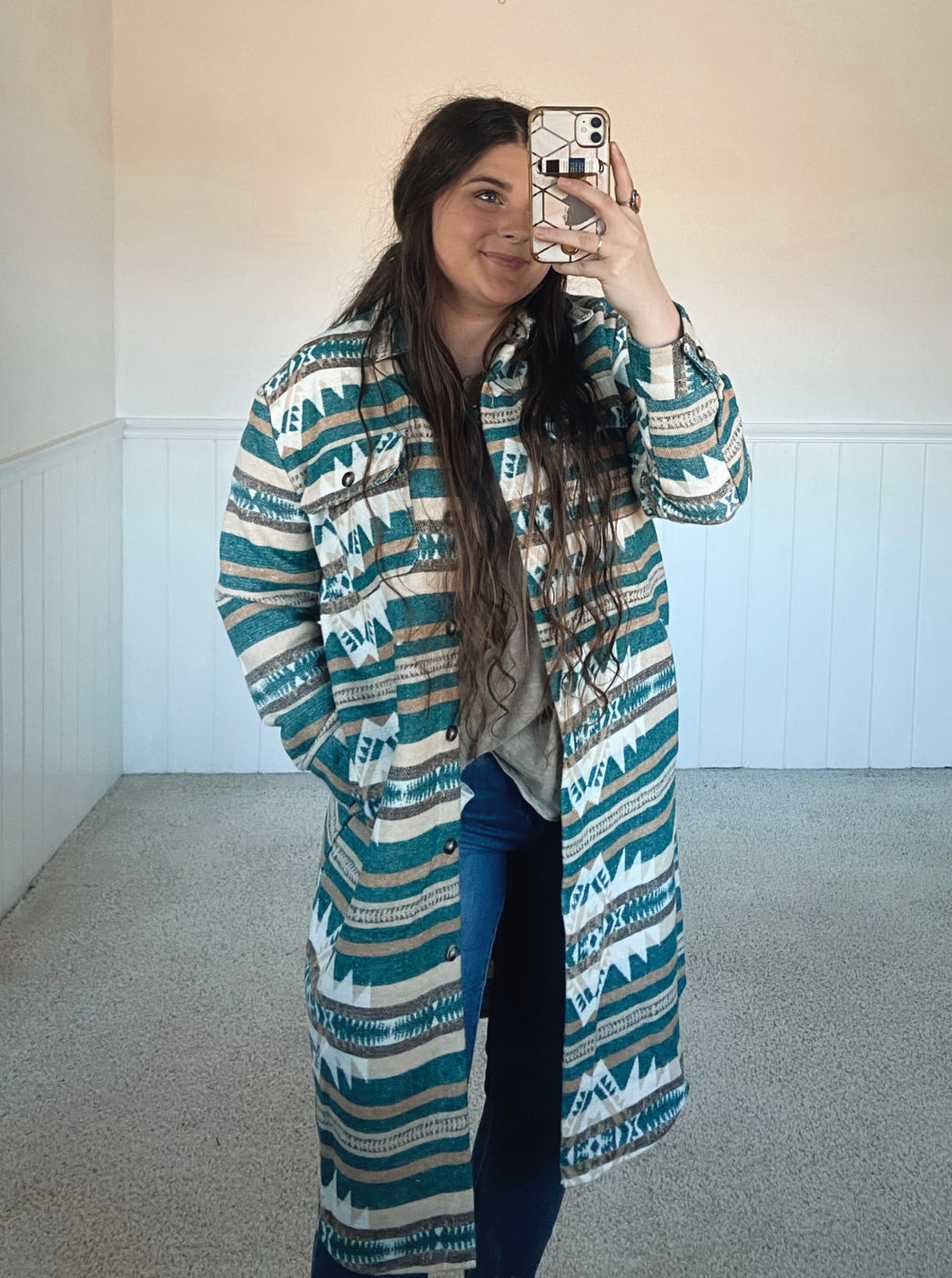 Teal Long Button Up Jacket